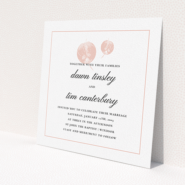 A wedding invite card called "Shanghai Nights". It is a square (148mm x 148mm) invite in a square orientation. "Shanghai Nights" is available as a flat invite, with tones of pink and white.