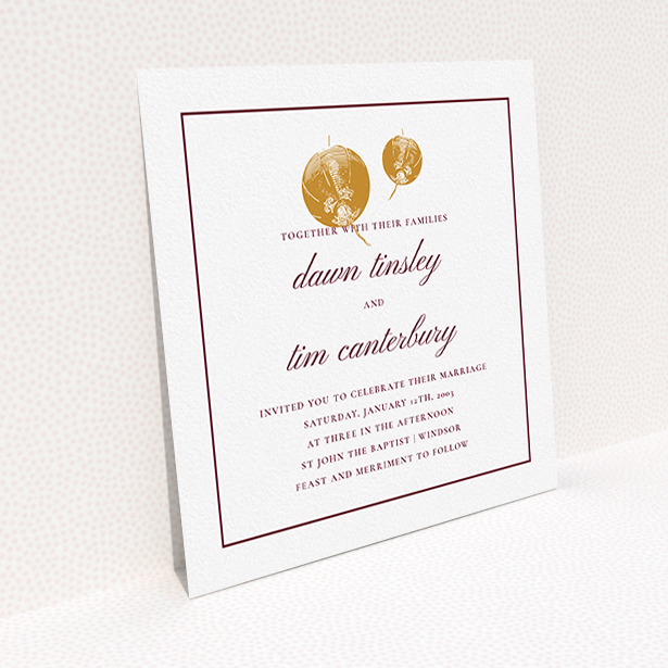 A wedding invite card design named "Shanghai Nights". It is a square (148mm x 148mm) invite in a square orientation. "Shanghai Nights" is available as a flat invite, with tones of gold and burgundy.