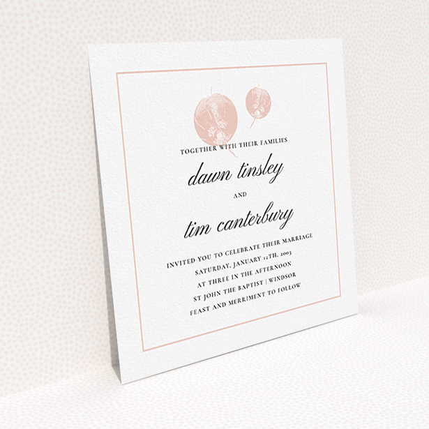 A wedding invite card called "Shanghai Nights". It is a square (148mm x 148mm) invite in a square orientation. "Shanghai Nights" is available as a flat invite, with tones of pink and white.