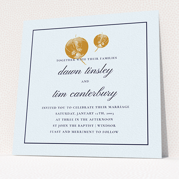 A wedding invite card design titled "Shanghai Nights". It is a square (148mm x 148mm) invite in a square orientation. "Shanghai Nights" is available as a flat invite, with tones of blue and gold.
