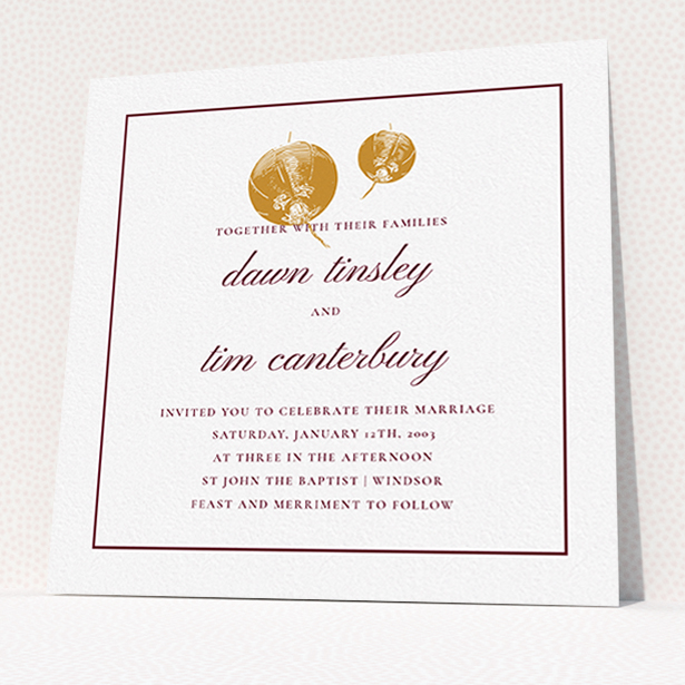 A wedding invite card design named "Shanghai Nights". It is a square (148mm x 148mm) invite in a square orientation. "Shanghai Nights" is available as a flat invite, with tones of gold and burgundy.