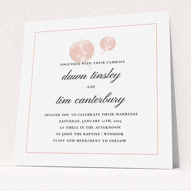 A wedding invite card called "Shanghai Nights". It is a square (148mm x 148mm) invite in a square orientation. "Shanghai Nights" is available as a flat invite, with tones of pink and white.