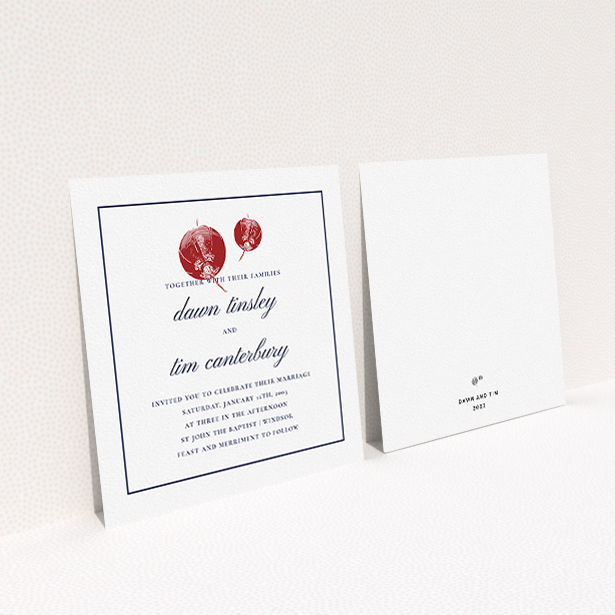A wedding invite card design titled "Shanghai Nights". It is a square (148mm x 148mm) invite in a square orientation. "Shanghai Nights" is available as a flat invite, with tones of white, red and midnight blue.