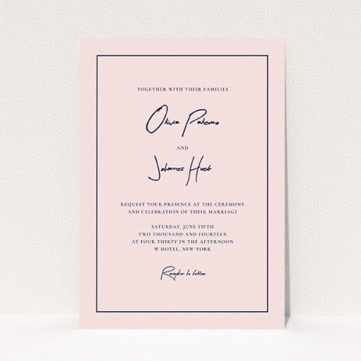 A wedding invite card named "Signature script". It is an A5 invite in a portrait orientation. "Signature script" is available as a flat invite, with mainly pink colouring.