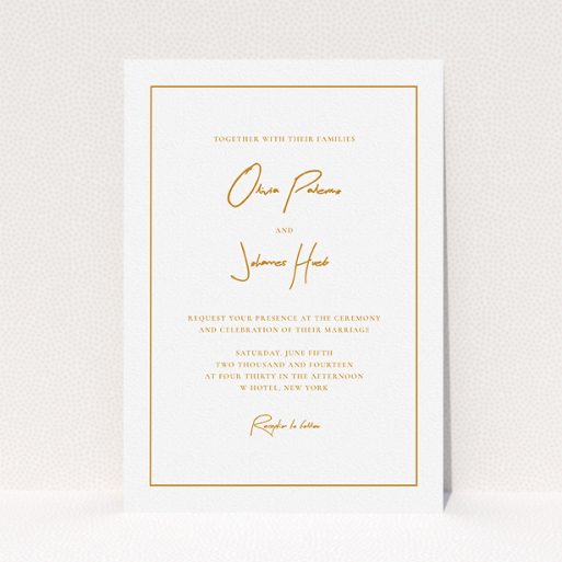 A wedding invite card design named "Signature script". It is an A5 invite in a portrait orientation. "Signature script" is available as a flat invite, with tones of white and orange.