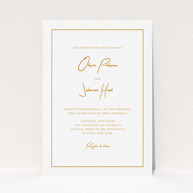 A wedding invite card design named "Signature script". It is an A5 invite in a portrait orientation. "Signature script" is available as a flat invite, with tones of white and orange.