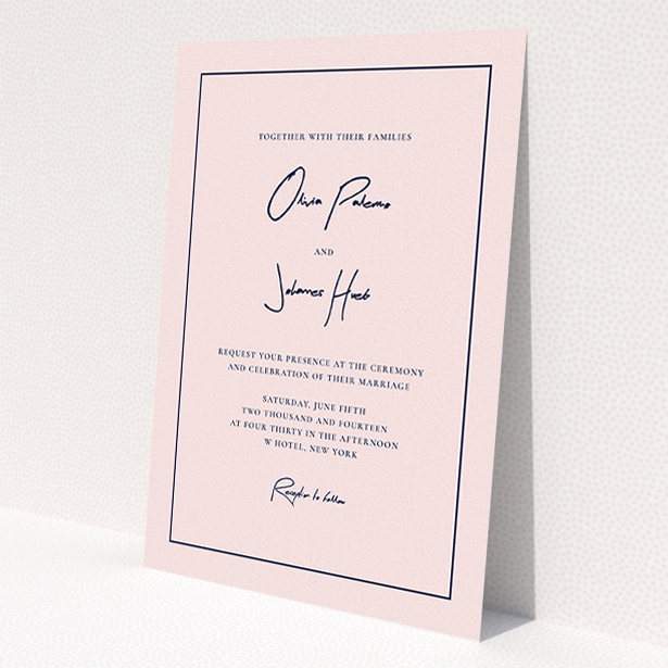 A wedding invite card named "Signature script". It is an A5 invite in a portrait orientation. "Signature script" is available as a flat invite, with mainly pink colouring.