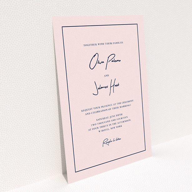 A wedding invite card named "Signature script". It is an A5 invite in a portrait orientation. "Signature script" is available as a flat invite, with mainly pink colouring.