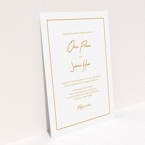 A wedding invite card design named "Signature script". It is an A5 invite in a portrait orientation. "Signature script" is available as a flat invite, with tones of white and orange.