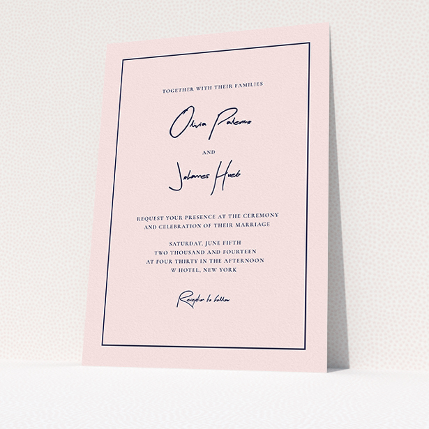 A wedding invite card named "Signature script". It is an A5 invite in a portrait orientation. "Signature script" is available as a flat invite, with mainly pink colouring.