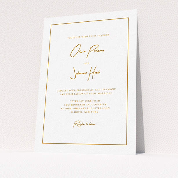 A wedding invite card design named "Signature script". It is an A5 invite in a portrait orientation. "Signature script" is available as a flat invite, with tones of white and orange.