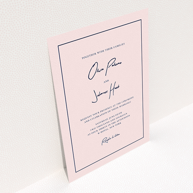 A wedding invite card named "Signature script". It is an A5 invite in a portrait orientation. "Signature script" is available as a flat invite, with mainly pink colouring.