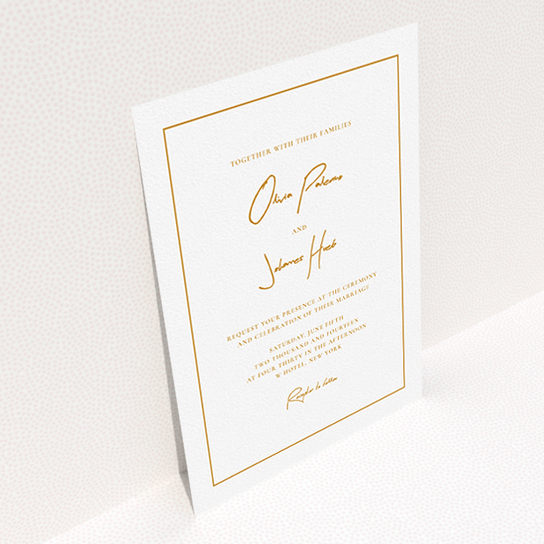 A wedding invite card design named "Signature script". It is an A5 invite in a portrait orientation. "Signature script" is available as a flat invite, with tones of white and orange.