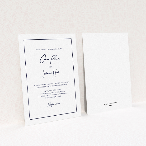 A wedding invite card template titled "Signature script". It is an A5 invite in a portrait orientation. "Signature script" is available as a flat invite, with mainly white colouring.