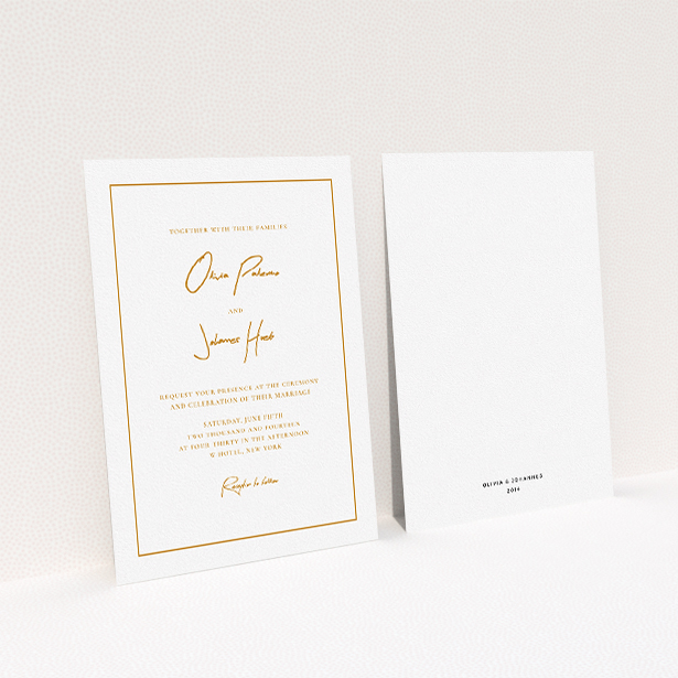 A wedding invite card design named "Signature script". It is an A5 invite in a portrait orientation. "Signature script" is available as a flat invite, with tones of white and orange.