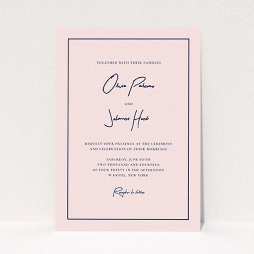 A wedding invite card design titled "Signature script". It is an A6 invite in a portrait orientation. "Signature script" is available as a flat invite, with mainly pink colouring.