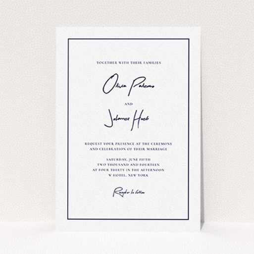 A wedding invite card called "Signature script". It is an A6 invite in a portrait orientation. "Signature script" is available as a flat invite, with mainly white colouring.
