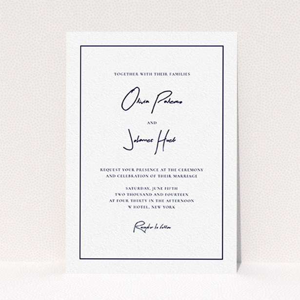 A wedding invite card called "Signature script". It is an A6 invite in a portrait orientation. "Signature script" is available as a flat invite, with mainly white colouring.