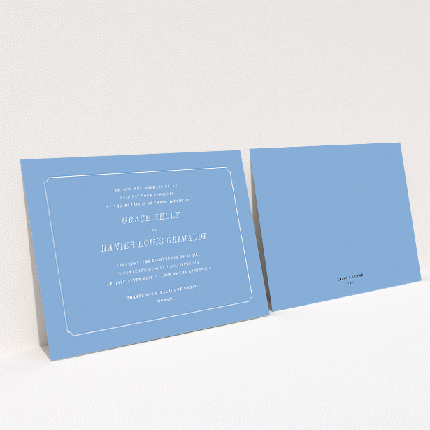 A wedding invite card design titled "Simple circle border". It is an A5 invite in a landscape orientation. "Simple circle border" is available as a flat invite, with tones of blue and white.