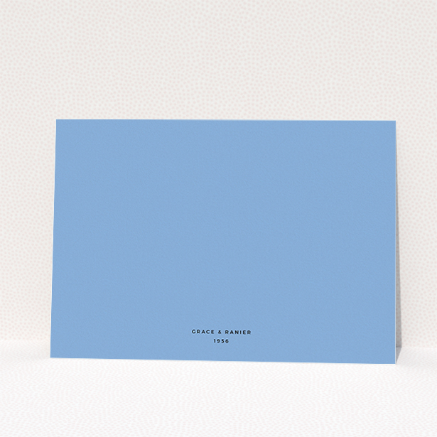 A wedding invite card design titled "Simple circle border". It is an A5 invite in a landscape orientation. "Simple circle border" is available as a flat invite, with tones of blue and white.