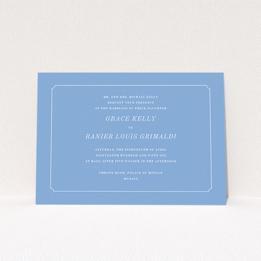 A wedding invite card named "Simple circle border". It is an A6 invite in a landscape orientation. "Simple circle border" is available as a flat invite, with tones of blue and white.