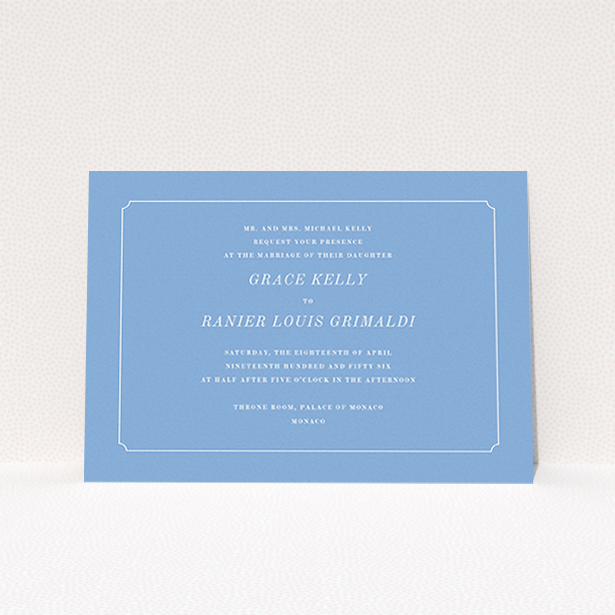 A wedding invite card named "Simple circle border". It is an A6 invite in a landscape orientation. "Simple circle border" is available as a flat invite, with tones of blue and white.