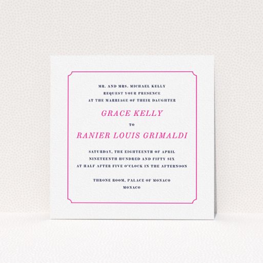 A wedding invite card template titled "Simple circle border". It is a square (148mm x 148mm) invite in a square orientation. "Simple circle border" is available as a flat invite, with tones of white and pink.