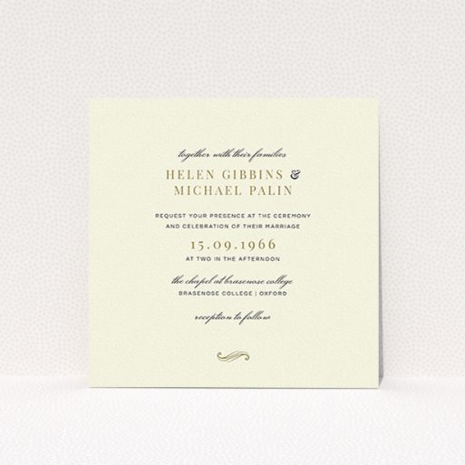 A wedding invite card template titled "Simple flourish". It is a square (148mm x 148mm) invite in a square orientation. "Simple flourish" is available as a flat invite, with tones of cream and gold.