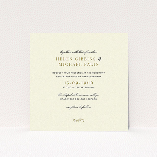 A wedding invite card template titled "Simple flourish". It is a square (148mm x 148mm) invite in a square orientation. "Simple flourish" is available as a flat invite, with tones of cream and gold.