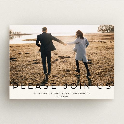 A wedding invite card design named "Simple Invite Message". It is an A5 invite in a landscape orientation. It is a photographic wedding invite card with room for 1 photo. "Simple Invite Message" is available as a flat invite, with mainly cream colouring.