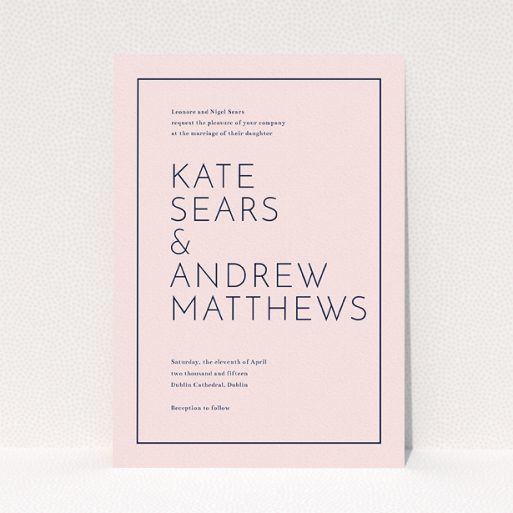 A wedding invite card template titled "Simple lines". It is an A5 invite in a portrait orientation. "Simple lines" is available as a flat invite, with mainly pink colouring.