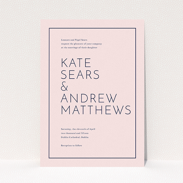 A wedding invite card template titled "Simple lines". It is an A5 invite in a portrait orientation. "Simple lines" is available as a flat invite, with mainly pink colouring.