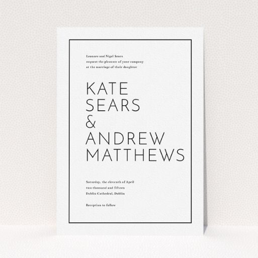 A wedding invite card named "Simple lines". It is an A5 invite in a portrait orientation. "Simple lines" is available as a flat invite, with mainly white colouring.
