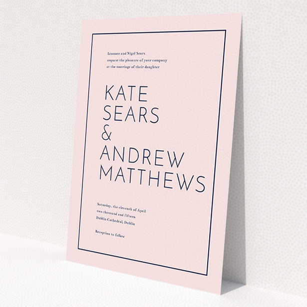 A wedding invite card template titled 'Simple lines'. It is an A5 invite in a portrait orientation. 'Simple lines' is available as a flat invite, with mainly pink colouring.