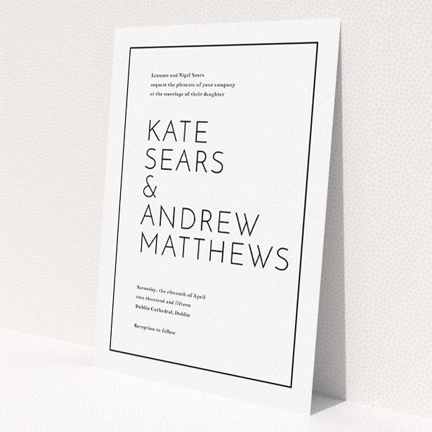 A wedding invite card named 'Simple lines'. It is an A5 invite in a portrait orientation. 'Simple lines' is available as a flat invite, with mainly white colouring.