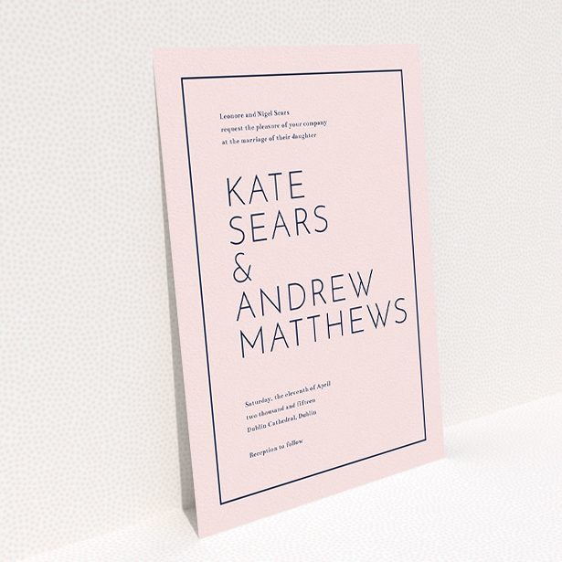 A wedding invite card template titled "Simple lines". It is an A5 invite in a portrait orientation. "Simple lines" is available as a flat invite, with mainly pink colouring.