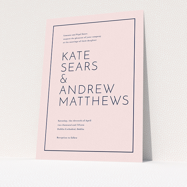 A wedding invite card template titled "Simple lines". It is an A5 invite in a portrait orientation. "Simple lines" is available as a flat invite, with mainly pink colouring.