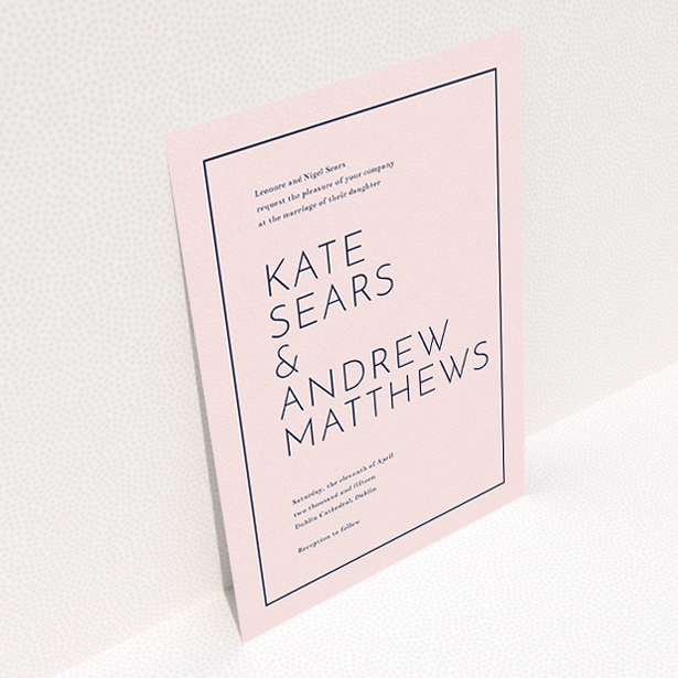A wedding invite card template titled "Simple lines". It is an A5 invite in a portrait orientation. "Simple lines" is available as a flat invite, with mainly pink colouring.