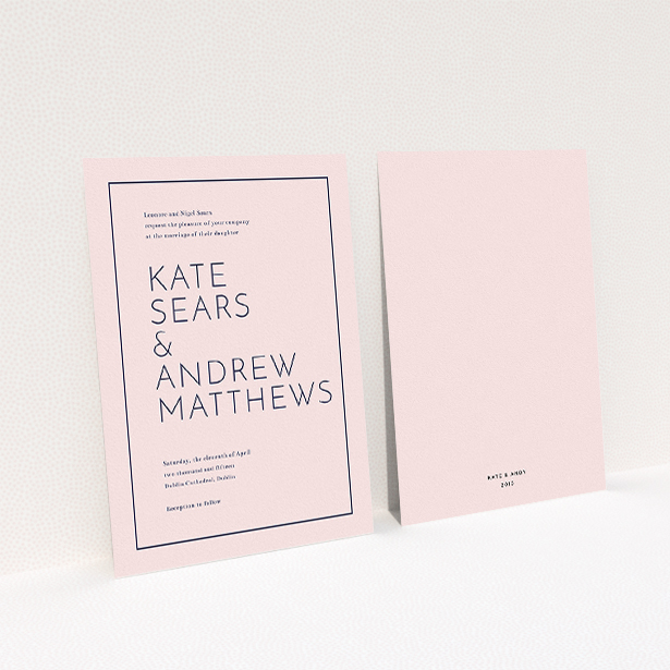 A wedding invite card template titled "Simple lines". It is an A5 invite in a portrait orientation. "Simple lines" is available as a flat invite, with mainly pink colouring.