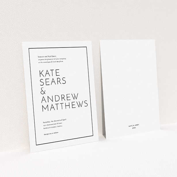 A wedding invite card named "Simple lines". It is an A5 invite in a portrait orientation. "Simple lines" is available as a flat invite, with mainly white colouring.