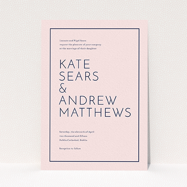 A wedding invite card called "Simple lines". It is an A6 invite in a portrait orientation. "Simple lines" is available as a flat invite, with mainly pink colouring.