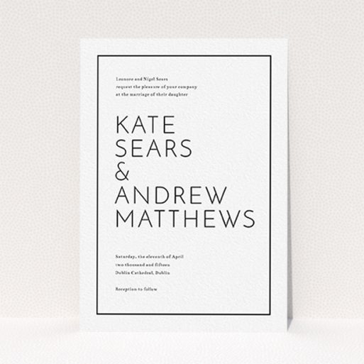 A wedding invite card design titled "Simple lines". It is an A6 invite in a portrait orientation. "Simple lines" is available as a flat invite, with mainly white colouring.