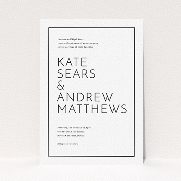 A wedding invite card design titled "Simple lines". It is an A6 invite in a portrait orientation. "Simple lines" is available as a flat invite, with mainly white colouring.