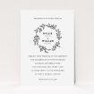A wedding invite card called "Simple Wreath". It is an A5 invite in a portrait orientation. "Simple Wreath" is available as a flat invite, with tones of white and black.