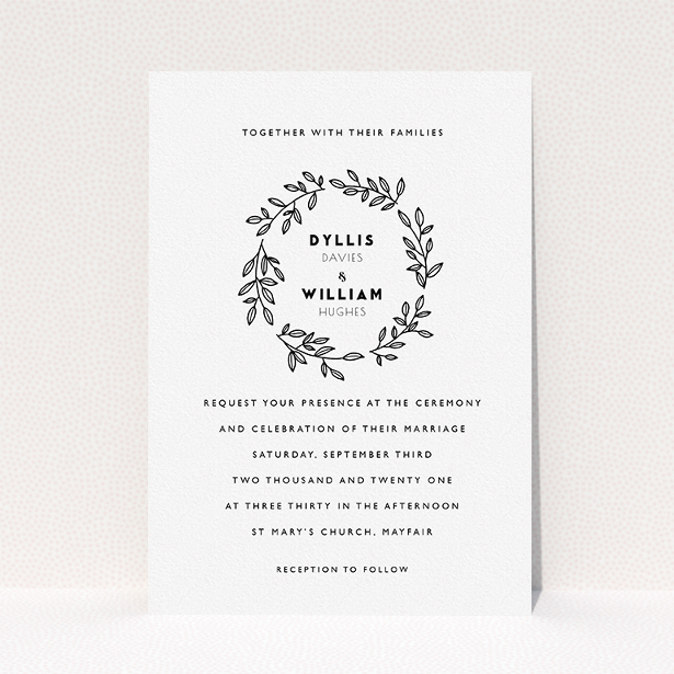 A wedding invite card called "Simple Wreath". It is an A5 invite in a portrait orientation. "Simple Wreath" is available as a flat invite, with tones of white and black.