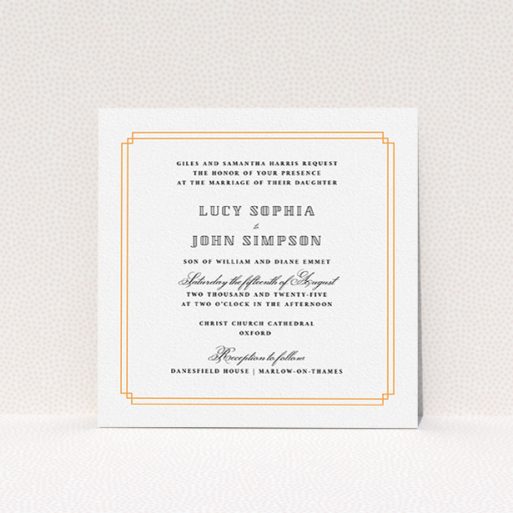 A wedding invite card design called "Simplistic Notch Frame". It is a square (148mm x 148mm) invite in a square orientation. "Simplistic Notch Frame" is available as a flat invite, with tones of orange and white.