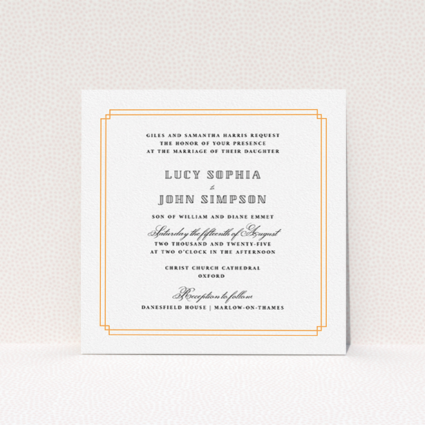 A wedding invite card design called "Simplistic Notch Frame". It is a square (148mm x 148mm) invite in a square orientation. "Simplistic Notch Frame" is available as a flat invite, with tones of orange and white.