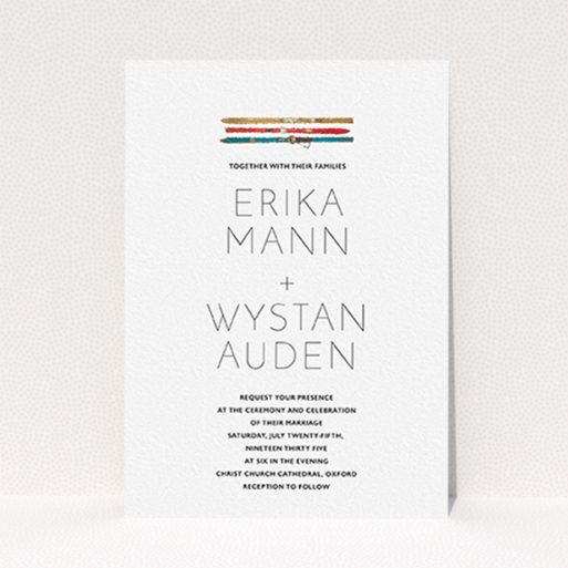 A wedding invite card called "Ski pass". It is an A6 invite in a portrait orientation. "Ski pass" is available as a flat invite, with tones of white and blue.