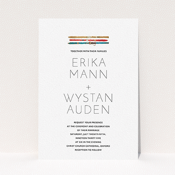 A wedding invite card called "Ski pass". It is an A6 invite in a portrait orientation. "Ski pass" is available as a flat invite, with tones of white and blue.