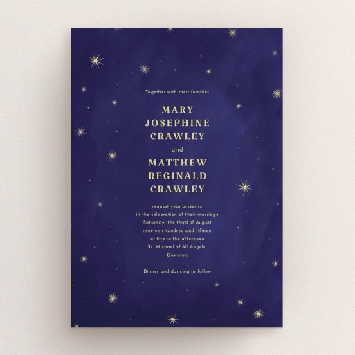 A wedding invite card called "Sky at night". It is an A5 invite in a portrait orientation. "Sky at night" is available as a flat invite, with tones of dark blue and yellow.